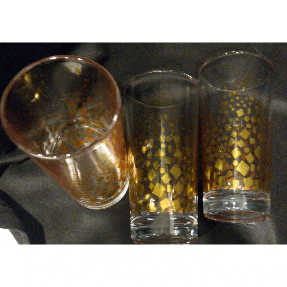 Vintage Mid-Century Mod Metallic Gold Confetti Highball Tumbler Glasses Set of 3